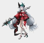  1girl 7fan absurdres angelfish aqua_gloves aqua_hat arknights ascot bare_shoulders black_ascot boots breasts clothing_cutout detached_sleeves dress fish full_body gloves hair_between_eyes hair_ornament hair_ribbon hat highres holding holding_staff leg_ribbon long_hair looking_at_viewer low-tied_long_hair medium_breasts navel_cutout off-shoulder_dress off_shoulder official_alternate_costume parted_lips red_dress red_eyes red_sleeves ribbon skadi_(arknights) skadi_the_corrupting_heart_(arknights) solo staff standing tachi-e tropical_fish very_long_hair white_boots white_hair 