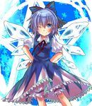  ;) bloomers blue_eyes blue_hair bow cirno dress hair_bow hands_on_hips naririnn one_eye_closed ribbon short_hair smile solo touhou underwear wings 