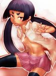 ao_no_exorcist black_hair black_legwear breasts brown_eyes eyebrows fumio_(rsqkr) kamiki_izumo long_hair navel short_eyebrows skirt small_breasts solo thighhighs toned twintails underboob very_long_hair 
