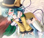 1girl aqua_eyes aqua_hair bare_shoulders bed_sheet black_hat blue_shirt blush breasts breath covered_nipples cowgirl_position cum cum_in_pussy dutch_angle eyeball frills girl_on_top green_eyes green_panties hands_on_another's_chest hat hat_ribbon head_out_of_frame heart heart-shaped_pupils hetero komeiji_koishi looking_away lying nose_blush on_back on_bed open_clothes open_mouth open_shirt panties panties_around_one_leg petite ribbon saliva sex shirt skirt sleeves_past_wrists small_breasts solo_focus straddling sun_hat symbol-shaped_pupils thighhighs third_eye touhou underwear white_legwear white_panties wooden_floor yamu_(reverse_noise) yellow_shirt 