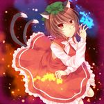  animal_ears bad_id bad_pixiv_id brown_hair cat_ears cat_tail chen dress earrings fingernails hat highres ikeda_hazuki jewelry long_fingernails multiple_tails red_eyes single_earring solo tail touhou 