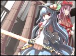  blue_hair bow column dress food fruit hat hat_bow hat_ribbon hinanawi_tenshi long_hair multiple_girls nagae_iku open_mouth peach pillar pink_eyes purple_hair ribbon short_hair sibelurabbi skirt smile sword sword_of_hisou touhou weapon windowboxed 