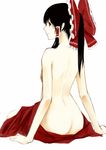  ass back bad_id bad_pixiv_id black_hair bow breasts from_behind hair_bow hair_tubes hakurei_reimu looking_back nishiuri ponytail red_eyes sideboob sitting skirt small_breasts solo topless touhou 
