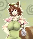  animal_ears bracelet breasts brown_eyes brown_hair dra futatsuiwa_mamizou glasses hand_on_hip jewelry jug large_breasts leaf leaf_on_head open_mouth pince-nez raccoon_ears raccoon_tail smirk solo tail touhou upper_body 