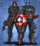  assault_rifle blue_background byakuren_(midwood) captain_america combat_webbing explosive grenade gun helmet highres james_buchanan_barnes m4_carbine male_focus manly marvel mask multiple_boys rifle scope shield standing vertical_foregrip weapon winged_helmet 