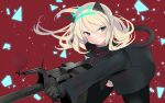  1girl absurdres animal_ears aohashi_ame black_gloves black_jacket black_thighhighs blonde_hair brown_background cat_ears cat_girl cat_tail gloves green_eyes gun heinrike_prinzessin_zu_sayn-wittgenstein highres hirschgeweih_antennas holding holding_gun holding_weapon jacket long_hair looking_to_the_side military military_uniform no_pants noble_witches panties solo tail thighhighs underwear weapon weapon_request white_panties world_witches_series 