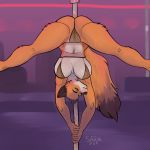 2019 5_fingers anthro big_breasts bikini black_fur breasts camel_toe canine cleavage clothed clothing dancing dipstick_tail eyes_closed female fox fur hi_res judy_reinard mammal multicolored_tail orange_fur partially_clothed pole pole_dancing saxa-san solo spread_legs spreading strip_club stripper swimsuit thong underwear upside_down white_fur 