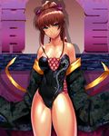  bath blue_eyes bowalia breasts brown_hair cleavage dragon eastern_dragon hair_ribbon japanese_clothes large_breasts leotard long_hair ponytail ribbon smile solo thunder_ryuko wrestle_angels wrestle_angels_survivor wrestling_outfit 