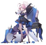  1girl ahoge alcohol bare_shoulders beretta_1301 black_dress black_shoes blue_archive blue_eyes blue_flower blush bottle broken_mirror chair chest_of_drawers choker cleavage_cutout clothing_cutout cup detached_sleeves dress drinking_glass flat_chest flower frilled_dress frills gun hair_between_eyes halo halterneck headband heterochromia high_heels highres hoshino_(blue_archive) huge_ahoge ice_(icepuli) instrument_case layered_dress looking_at_viewer mirror official_alternate_hair_length official_alternate_hairstyle over_shoulder pink_hair pink_halo serious shoes short_dress short_hair shotgun solo spill spilled_drink table tablecloth tsurime weapon weapon_over_shoulder white_background wine wine_bottle wine_glass yellow_eyes 