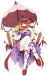  blonde_hair crossed_legs dress fan folding_fan gap hat long_hair nanahara_fuyuki parasol purple_eyes simple_background sitting solo thighhighs touhou umbrella white_legwear yakumo_yukari 