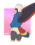 abstract_background accipitrid accipitriform anthro artist_logo avian back_wings beak bird black_eyeliner black_eyes black_makeup blue_cere blue_clothing blue_hoodie blue_tail blue_tail_feathers blue_tail_tip blue_topwear bottomless bottomless_anthro bottomless_male braviary butt cere_(anatomy) clean_diaper closed_smile cloth_diaper clothed clothing colored confident confident_male darksidefighter diaper diaper_fetish digital_drawing_(artwork) digital_media_(artwork) dipstick_tail eagle eyelashes eyeliner fan_character fan_tail feather_hair feather_tuft feathered_crest feathered_wings feathers generation_5_pokemon glistening glistening_beak glistening_eyes gradient_background grey_body grey_butt grey_face grey_feathers grey_legs grey_neck grey_wings hand_in_pocket head_crest hi_res hood_down hoodie logo looking_at_viewer looking_back looking_back_at_viewer makeup male markings mouth_closed multicolored_body multicolored_feathers multicolored_tail multicolored_tail_feathers multicolored_wings nado_soarian nintendo pink_background pockets pokemon pokemon_(species) pokemorph portrait pseudo_hair pupils purple_background rear_view red_back red_body red_feathered_crest red_feathers red_neck red_tail red_tail_feathers red_wings simple_background smile solo tail tail_feathers tail_markings tan_cloth_diaper tan_feather_hair three-quarter_portrait topwear tuft wearing_diaper white_background white_feathered_crest white_pupils white_sclera wings yellow_beak yellow_legs yellow_tail yellow_tail_feathers