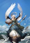  angel angel_wings bare_shoulders barefoot bird blue_dress blue_eyes blue_sky book cape cloud day dress floating_book flying hair_ornament holding open_book original pauldrons pigeon pole shaonav short_hair sky solo staff standing white_hair wings 