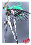  1girl armor beam_rifle boots breasts char's_counterattack energy_gun fin_funnels full_body funnels_(gundam) glowing glowing_eyes green_eyes green_hair gun gundam headgear highres holding holding_gun holding_weapon humanization long_hair mecha_musume nu_gundam personification power_armor science_fiction solo taiga_hiroyuki v-fin weapon 