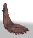  1girl absurdly_long_hair absurdres bebekp breasts brown_hair commission fate/apocrypha fate_(series) from_behind full_body gradient_background hair_flowing_over hair_focus highres jacket large_breasts long_hair pointy_ears semiramis_(fate) simple_background skirt skirt_suit solo standing suit suit_jacket very_long_hair 