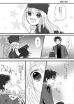  1girl aya_tori comic emiya_kiritsugu fate/zero fate_(series) father_and_daughter greyscale hat hug illyasviel_von_einzbern long_hair monochrome translation_request 