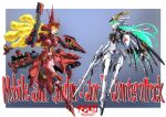 2girls armor beam_rifle blonde_hair blue_eyes boots breasts char's_counterattack energy_gun fin_funnels full_body funnels_(gundam) glowing glowing_eyes green_eyes green_hair gun gundam headgear helmet holding holding_gun holding_weapon humanization long_hair mecha mecha_musume multiple_girls nu_gundam open_mouth personification power_armor robot sazabi science_fiction shield taiga_hiroyuki thrusters v-fin weapon 
