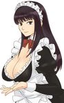  apron bow bowtie breasts cleavage gus_(clarkii) large_breasts long_hair maid maid_headdress original purple_eyes purple_hair simple_background solo 