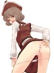  anus ass bad_id bad_pixiv_id blush brown_hair censored hat leaning_forward looking_back lyrica_prismriver panties panty_pull pussy red_eyes skirt skirt_lift solo touhou underwear urin white_panties 