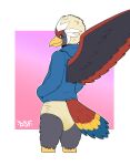 abstract_background accipitrid accipitriform anthro artist_logo avian back_wings beak bird black_eyeliner black_eyes black_makeup blue_cere blue_clothing blue_hoodie blue_tail blue_tail_feathers blue_tail_tip blue_topwear bodily_fluids bottomless bottomless_anthro bottomless_male braviary butt cere_(anatomy) closed_smile cloth_diaper clothed clothing colored confident confident_male darksidefighter diaper diaper_fetish diaper_use digital_drawing_(artwork) digital_media_(artwork) dipstick_tail eagle eyelashes eyeliner fan_character fan_tail feather_hair feather_tuft feathered_crest feathered_wings feathers generation_5_pokemon genital_fluids glistening glistening_beak glistening_eyes gradient_background grey_body grey_butt grey_face grey_feathers grey_legs grey_neck grey_wings hand_in_pocket head_crest hi_res hood_down hoodie logo looking_at_viewer looking_back looking_back_at_viewer makeup male markings mouth_closed multicolored_body multicolored_feathers multicolored_tail multicolored_tail_feathers multicolored_wings nado_soarian nintendo pink_background pockets pokemon pokemon_(species) pokemorph portrait pseudo_hair pupils purple_background rear_view red_back red_body red_feathered_crest red_feathers red_neck red_tail red_tail_feathers red_wings simple_background smile solo swollen_diaper tail tail_feathers tail_markings tan_cloth_diaper tan_feather_hair three-quarter_portrait topwear tuft unclean_diaper urine used_diaper wearing_diaper wet_diaper white_background white_feathered_crest white_pupils white_sclera wings yellow_beak yellow_legs yellow_tail yellow_tail_feathers