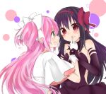  2girls akemi_homura akuma_homura bare_shoulders black_gloves black_hair bow choker dotted_background dress elbow_gloves finger_to_another's_mouth gloves hair_bow hair_ribbon hairband heart heart_print highres holding_another's_wrist kaname_madoka long_hair looking_at_another loving_aura magical_girl mahou_shoujo_madoka_magica multiple_girls nakoffu open_mouth pink_hair red_eyes ribbon smile three-toned_background two_side_up ultimate_madoka upper_body white_dress white_gloves yellow_eyes 