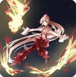  cross-laced_footwear fire fujiwara_no_mokou long_hair long_sleeves outstretched_arms pants ponytail shoes sil_(panchuari) silver_hair smile solo spread_arms suspenders touhou very_long_hair 