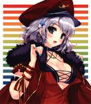  :d absurdres blue_nails blush breasts cleavage copyright_request earrings green_eyes hair_ornament hat highres jewelry medium_breasts misaki_kurehito nail_polish open_clothes open_mouth open_shirt peaked_cap shirt short_hair silver_hair smile solo star star_hair_ornament 