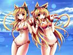 2girls animal_ears bikini blonde_hair cat_ears commentary_request holding_hands hoshi_no_gen interlocked_fingers long_hair multiple_girls no_nose original red_eyes swimsuit tail 