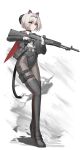  1girl absurdres alternate_costume an-94 an-94_(girls&#039;_frontline) animal_ears assault_rifle black_boots black_leotard black_necktie blonde_hair blue_eyes boots capelet cat_ears cat_tail cheogtanbyeong closed_mouth covered_navel fake_animal_ears fake_tail full_body girls&#039;_frontline gloves gun hair_between_eyes hair_bun hairband half_gloves highres holding holding_weapon holster jacket leotard long_sleeves magazine_(weapon) medium_hair necktie open_clothes open_jacket pantyhose red_capelet rifle shirt shirt_tucked_in smoke solo tail thigh_boots thigh_holster trigger_discipline weapon white_background white_shirt 