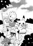  anakubo_kosaku apple book clefairy corn eating food fruit game_freak grapes monochrome no_humans official_art painting pikachu pocket_monsters_(manga) pokemon tyrogue 