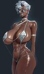  1girl absurdres arms_behind_back bare_shoulders beuto black_background breasts choker collarbone colored_eyelashes cowboy_shot dark-skinned_female dark_skin highres huge_breasts looking_at_viewer looking_over_eyewear original short_hair silver_armlet silver_slingshot_swimsuit simple_background skindentation slingshot_swimsuit solo sunglasses swimsuit white_choker white_eyelashes white_eyes white_eyeshadow white_hair white_lips white_slingshot_swimsuit 