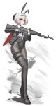  1girl absurdres alternate_costume an-94 an-94_(girls&#039;_frontline) animal_ears assault_rifle black_boots black_leotard black_necktie blonde_hair blue_eyes boots capelet cheogtanbyeong closed_mouth covered_navel fake_animal_ears full_body girls&#039;_frontline gloves gun hair_between_eyes hair_bun hairband half_gloves highres holding holding_weapon holster jacket leotard long_sleeves magazine_(weapon) medium_hair necktie nontraditional_playboy_bunny open_clothes open_jacket pantyhose rabbit_ears red_capelet rifle shirt shirt_tucked_in smoke solo tail thigh_boots thigh_holster trigger_discipline weapon white_background white_shirt 