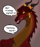 claws dragon ear_piercing ear_ring english_text female feral furry_specific_accessory gonzaartstudio hi_res horn horn_jewelry jewelry looking_at_viewer mythological_creature mythological_scalie mythology piercing red_body red_scales ring_piercing scales scalie simple_background solo speech_bubble spikes text yellow_body yellow_eyes yellow_scales 