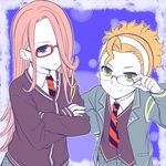  2boys crossed_arms glasses green_eyes hair_over_one_eye headband hoshifuru_kaguya inazuma_eleven inazuma_eleven_(series) inazuma_eleven_go jacket kita_ichiban long_hair multiple_boys necktie orange_hair puico purple_eyes red_hair short_hair smile sweater_vest trap vest 