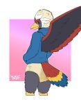 abstract_background accipitrid accipitriform anthro artist_logo avian back_wings beak bird black_eyeliner black_eyes black_makeup blue_cere blue_clothing blue_hoodie blue_tail blue_tail_feathers blue_tail_tip blue_topwear bodily_fluids bottomless bottomless_anthro bottomless_male braviary bulging_diaper butt cere_(anatomy) closed_smile cloth_diaper clothed clothing colored confident confident_male darksidefighter diaper diaper_bulge diaper_fetish diaper_use digital_drawing_(artwork) digital_media_(artwork) dipstick_tail eagle eyelashes eyeliner fan_character fan_tail feather_hair feather_tuft feathered_crest feathered_wings feathers feces generation_5_pokemon genital_fluids glistening glistening_beak glistening_eyes gradient_background grey_body grey_butt grey_face grey_feathers grey_legs grey_neck grey_wings hand_in_pocket head_crest hi_res hood_down hoodie logo looking_at_viewer looking_back looking_back_at_viewer makeup male markings mouth_closed multicolored_body multicolored_feathers multicolored_tail multicolored_tail_feathers multicolored_wings nado_soarian nintendo pink_background pockets pokemon pokemon_(species) pokemorph portrait pseudo_hair pupils purple_background rear_view red_back red_body red_feathered_crest red_feathers red_neck red_tail red_tail_feathers red_wings simple_background smile solo swollen_diaper tail tail_feathers tail_markings tan_cloth_diaper tan_feather_hair three-quarter_portrait topwear tuft unclean_diaper urine used_diaper wearing_diaper wet_diaper white_background white_feathered_crest white_pupils white_sclera wings yellow_beak yellow_legs yellow_tail yellow_tail_feathers
