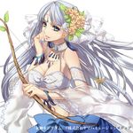  blue_eyes bow bow_(weapon) bracelet breasts cleavage copyright_request earrings flower hair_flower hair_ornament jewelry large_breasts long_hair midriff nail_polish silver_hair smile solo weapon yutif 