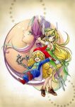  3girls absurdres angela_(seiken_densetsu_3) aqua_tabard armor blonde_hair blue_bodysuit blue_eyes bodysuit boots breasts bridal_gauntlets brown_boots charlotte_(seiken_densetsu_3) cleavage closed_eyes closed_mouth curly_hair dress forehead_jewel full_body gem gold_trim green_dress green_eyes green_gemstone green_ribbon hair_ribbon hand_in_own_hair hat highres holding holding_flail holding_polearm holding_weapon hori_wo long_hair low-tied_long_hair medium_breasts mini_hat multiple_girls open_mouth outstretched_arm parted_bangs parted_lips polearm pom_pom_hat_ornament purple_hair purple_hat red_boots red_hat ribbon riesz seiken_densetsu seiken_densetsu_3 shoulder_armor sidelocks smile straight_hair upper_body weapon winged_headwear 