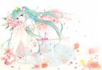  aqua_eyes aqua_hair bird flower hair_flower hair_ornament hatsune_miku long_hair mig_(36th_underground) petals sitting skirt smile twintails very_long_hair vocaloid white_skirt 