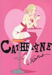  blonde_hair blue_eyes catherine catherine_(game) crossed_legs curly_hair drill_hair drink heart high_heels highres long_hair long_legs looking_at_viewer official_art scan shoes sitting soejima_shigenori solo thighhighs white_legwear 