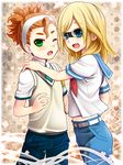  2boys blonde_hair blue_eyes blush casual fang goggles green_eyes headband inazuma_eleven inazuma_eleven_(series) inazuma_eleven_go kita_ichiban long_hair multiple_boys navel nishinosora_yoichi open_mouth orange_hair ponytail puico sailor sailor_suit school_uniform short_hair smile sweater_vest trap wince 