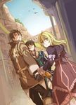  2boys alvin_(tales) asaya-bigun black_hair blonde_hair brown_eyes brown_hair dress elize_lutus gloves holding_hands jude_mathis looking_back multiple_boys purple_dress smile tales_of_(series) tales_of_xillia yellow_eyes 