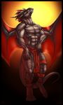  4_toes abs anthro biceps black_dragon claws clenched_teeth clothed clothing dragon ear_piercing earring fangs half-dressed horn inviting loincloth male muscles neodokuro pecs piercing pose red_eyes red_theme scales scalie solo standing teeth toe_claws toorak topless underwear valrog wings 