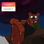  angus_delaney anthro barefoot bear blush bodily_fluids clothed clothing digital_media_(artwork) eyewear feet foot_focus fur glasses hat headgear headwear hi_res humanoid_feet male mammal mrpawpaw necktie night_in_the_woods paws plantigrade simple_background sky solo star sweat toes 