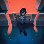  1girl absurdres bare_shoulders blue_eyes blue_hair blue_pants blue_shirt breasts cleavage commentary crossed_ankles dirty english_commentary from_above gun hair_intakes highres hololive hololive_english large_breasts official_alternate_hairstyle ouro_kronii ouro_kronii_(4th_costume) pants seventeencrows shell_casing shirt sitting solo traffic_barrier virtual_youtuber weapon wolf_cut 