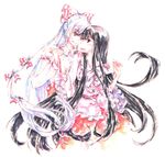  black_hair bow eye_contact face-to-face frilled_sleeves frills fujiwara_no_mokou hair_bow highres holding_hands houraisan_kaguya long_hair long_sleeves looking_at_another mochaaoi multiple_girls nervous red_eyes touhou traditional_media watercolor_(medium) white_hair wide_sleeves yuri 