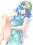  alternate_costume bad_id bad_pixiv_id bare_legs blue_dress blue_eyes blue_hair china_dress chinese_clothes dress hair_bobbles hair_ornament hat kawashiro_nitori leg_up lying mochi.f on_back side_slit solo touhou two_side_up 