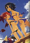  asagiri_asagi bat_wings bikini bikini_pull black_hair blue_eyes demon_girl demon_tail disgaea etna harada_takehito midriff multiple_girls nippon_ichi official_art pointy_ears prinny pulled_by_self red_eyes red_hair scan swimsuit tail tongue twintails wardrobe_malfunction wings 