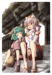  absurdres animal_ears aqua_hair bad_id bad_pixiv_id blush broom closed_eyes detached_sleeves feet geta hat highres inubashiri_momiji kasodani_kyouko multiple_girls red_eyes short_hair silver_hair sitting smile stairs tokin_hat toor_0111 touhou wolf_ears 