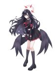  1girl 7fan absurdres black_choker black_gloves black_hair black_skirt black_wings blue_archive breasts choker closed_mouth collarbone full_body gloves halo highres ichika_(blue_archive) long_hair midriff navel red_halo simple_background skirt smile tachi-e white_background wings 