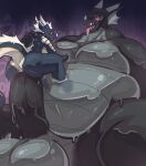  2024 2_horns absorption_vore anal anal_penetration black_body black_sclera blue_body claws dorsal_fin dorsal_frill dragon ear_fins fin frill_(anatomy) genitals goo_creature grey_body hair hi_res horn latex male multicolored_body mythological_creature mythological_scalie mythology negadrake penetration penis red_eyes scales scalie sirmonsterfucko_(artist) size_difference spines ventral_scales vore white_hair wikiwarrior wings yellow_eyes 