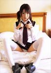  bed black_eyes black_hair loafers necktie panties photo reference_photo school_uniform shoes sitting skirt solo spread_legs thighhighs twintails underwear white_legwear 